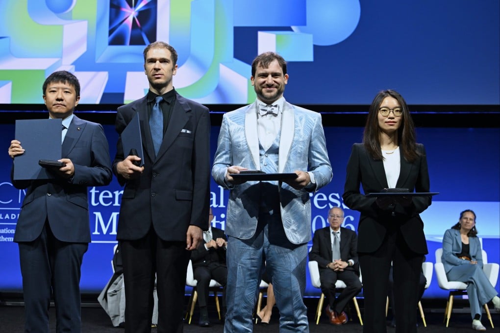Fields Medalists Deng Yu (first left) and Wang Hong (first right), both Chinese mathematicians, John Pardon (second left), an American mathematician, and Jacob Tsimerman, a Canadian mathematician, pose for a photograph at the opening ceremony of the 2026 International Congress of Mathematicians in Philadelphia, US, on July 23. Photo: Xinhua
