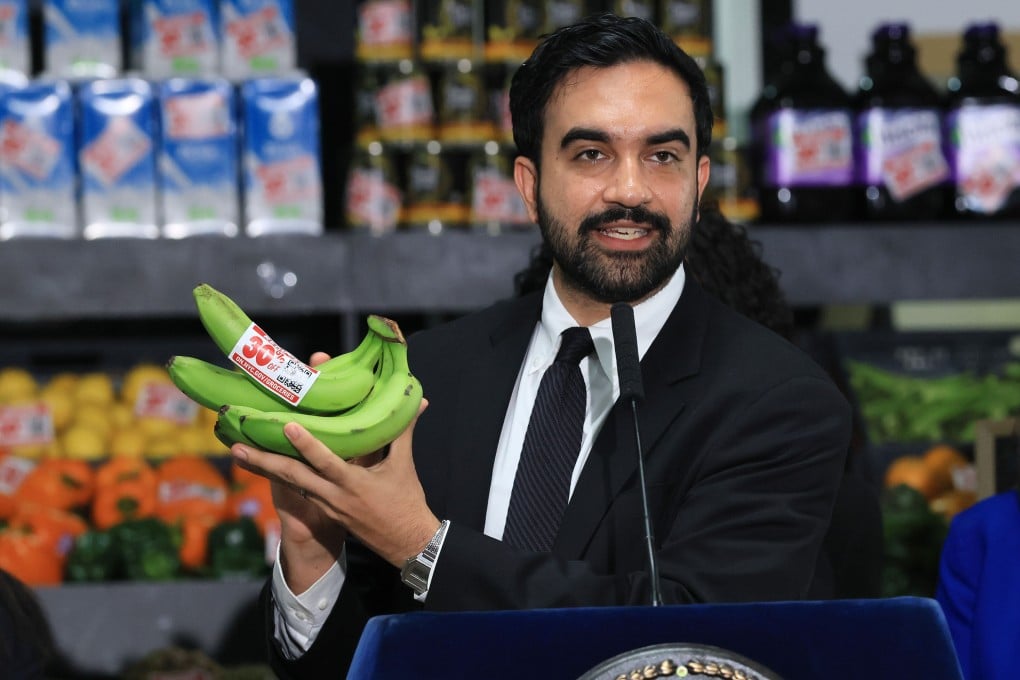 Mayor Zohran Mamdani holds up bananas as he speaks at a food distribution centre in the Brooklyn borough of New York City last month. Photo: Getty Images/TNS