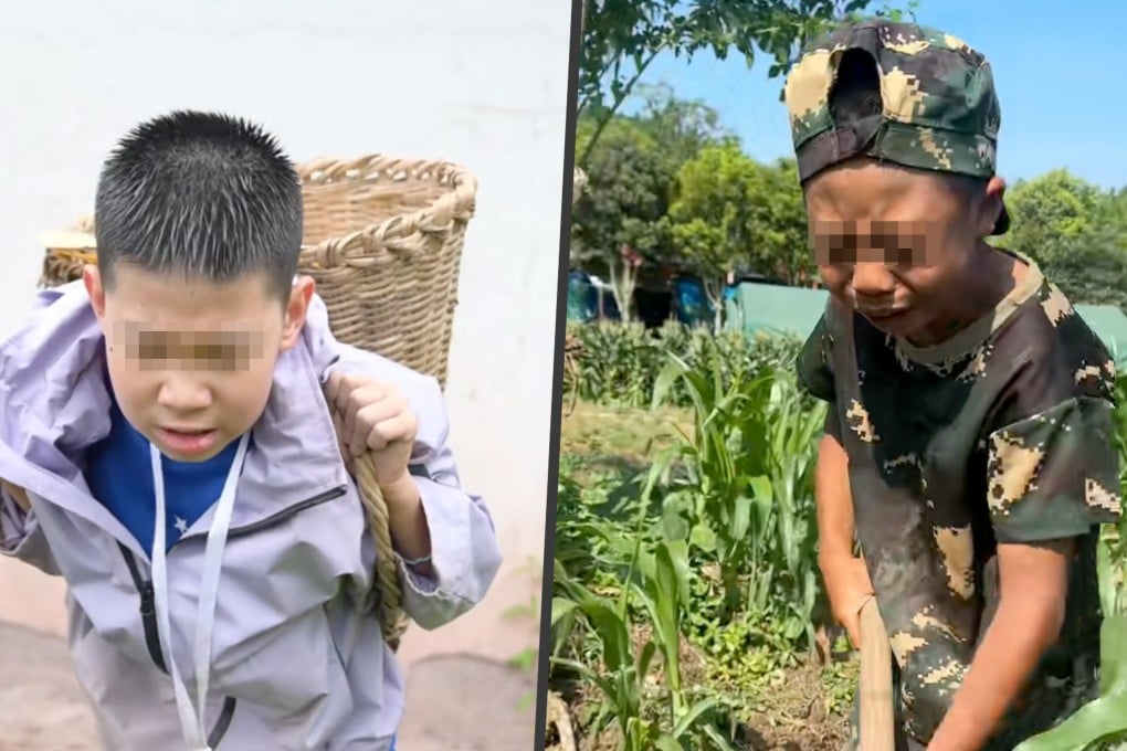 A trend in China, referred to as “hardship camps,” sees children engaged in strenuous tasks such as chopping wood and feeding pigs, often resulting in tears. Photo: SCMP composite/RedNote