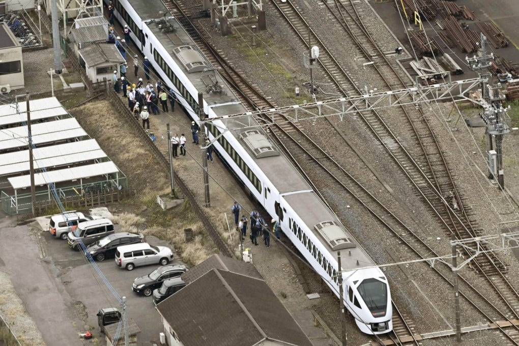 A Spacia X express train stops after hitting four workers at Shin-Kanuma Station on the Tobu Nikko Line in Japan’s Tochigi Prefecture on Thursday. Photo: Kyodo