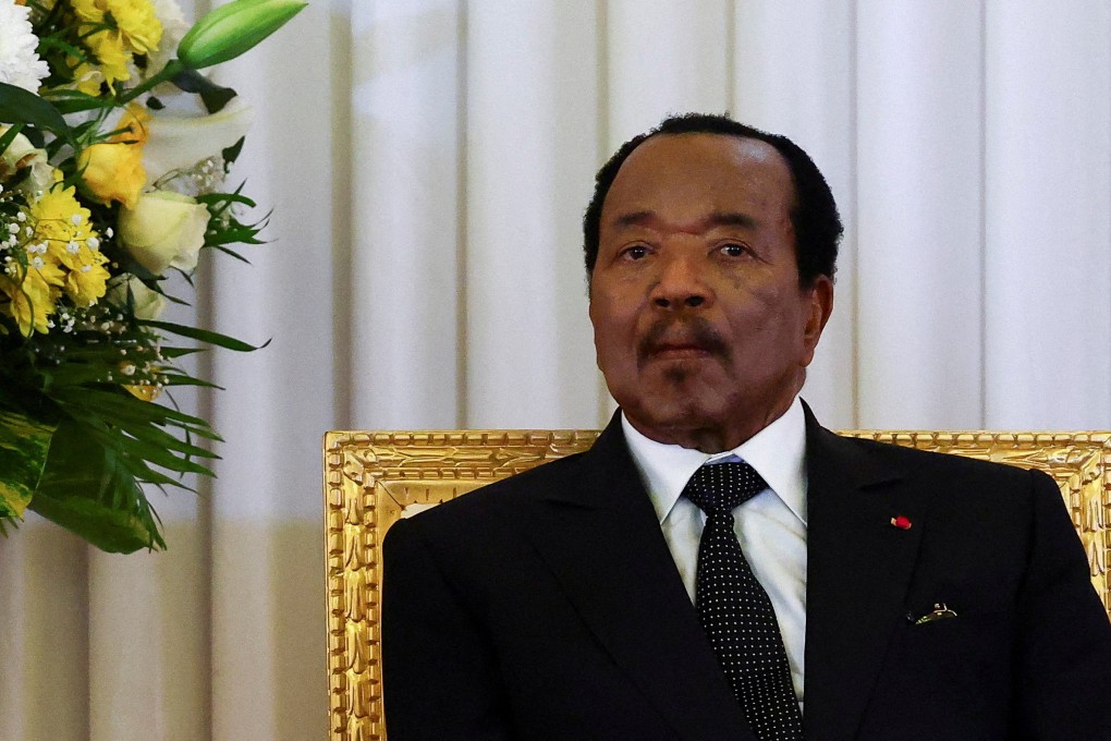 Cameroon President Paul Biya listens as Pope Leo XIV (not pictured) delivers a speech at the Presidential Palace in Yaounde in April. Photo: Reuters