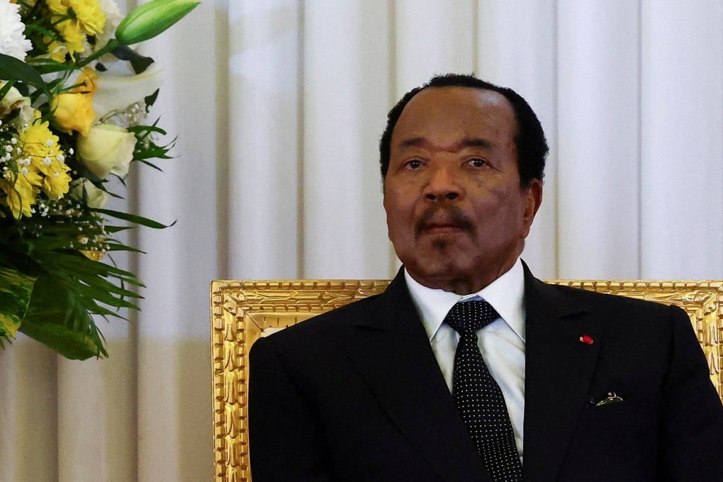Cameroon President Paul Biya listens as Pope Leo XIV (not pictured) delivers a speech at the Presidential Palace in Yaounde in April. Photo: Reuters
