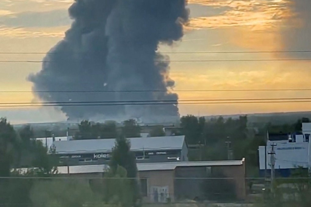 Smoke rises from an Ozon warehouse following a Ukrainian drone attack in Chapayevsk, Samara region, Russia on Saturday, in a screen grab taken from a social media video. Photo: Social Media via Reuters