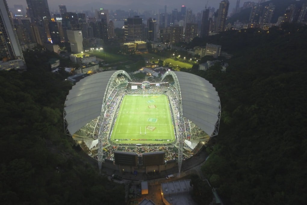 An aerial shot by a drone overlooking Hong Kong Stadium on the second day of the Cathay Pacific/HSBC Hong Kong Sevens on April 9, 2016. Photo: Bruce Yan