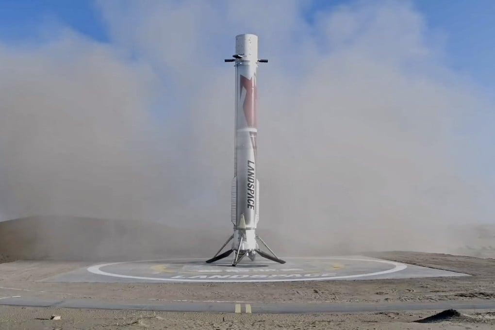 This video screenshot shows the first stage of the Zhuque-3 Y2 rocket successfully completing its land-based recovery on August 19. Photo: LandSpace/Handout via Xinhua