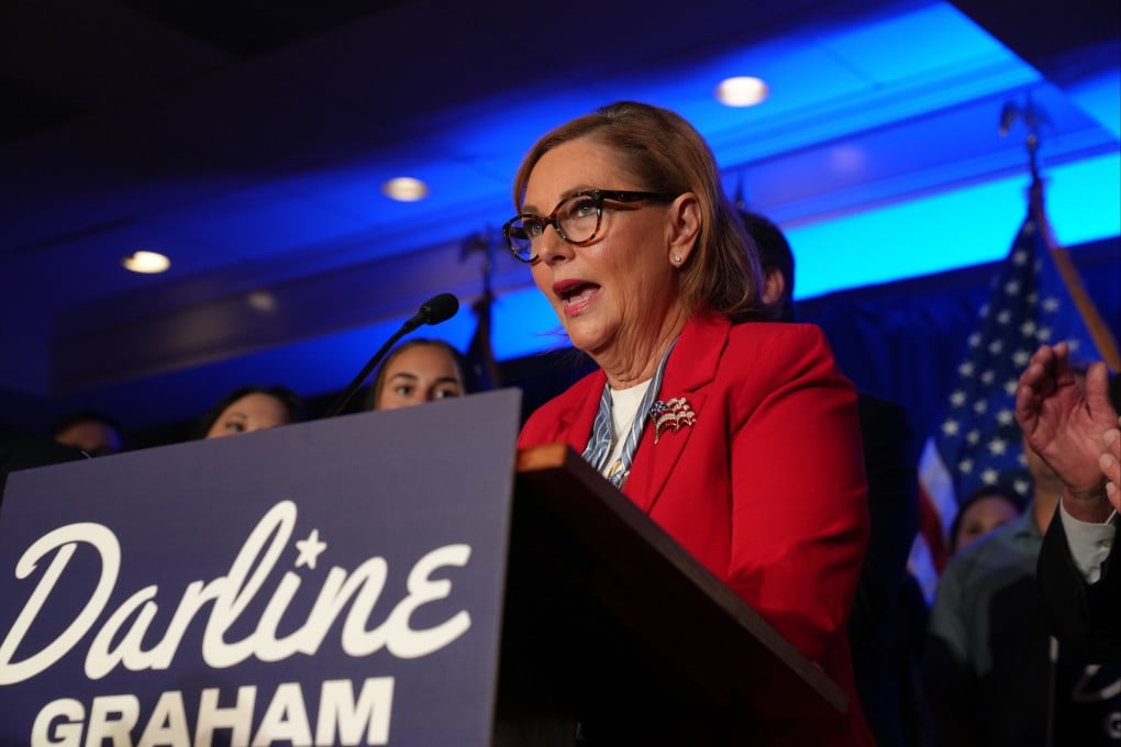 Republican Senator Darline Graham addresses supporters on Tuesday after winning a special primary run-off to replace her brother, the late Lindsey Graham in the November general election. Photo: AP
