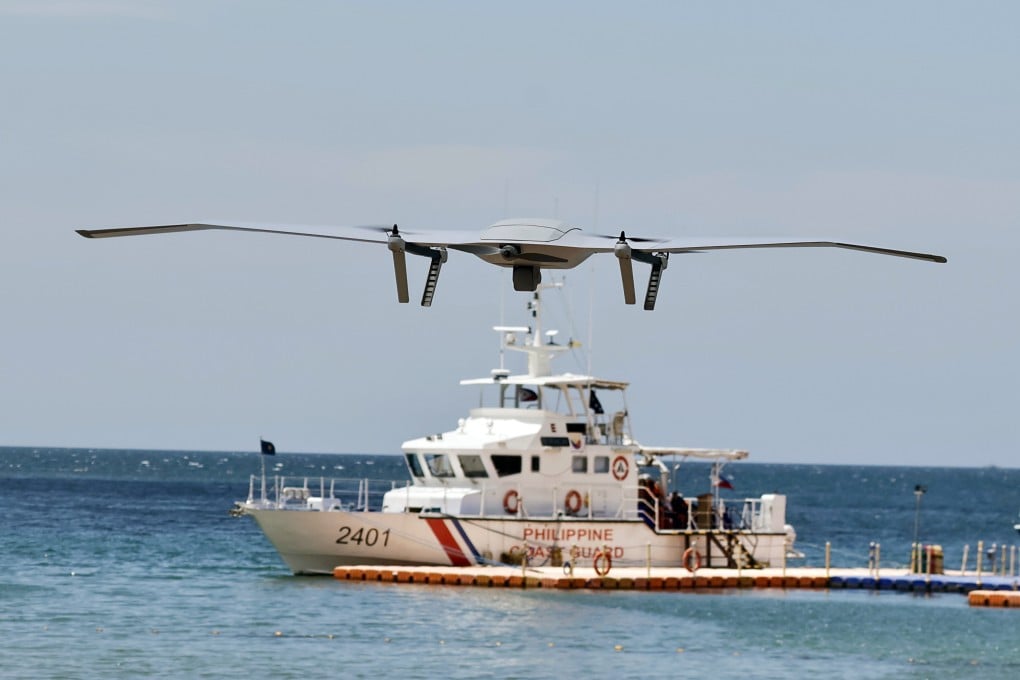 A drone hovers above a Philippine Coast Guard patrol vessel in Bataan province in April 2025. Photo: EPA-EFE