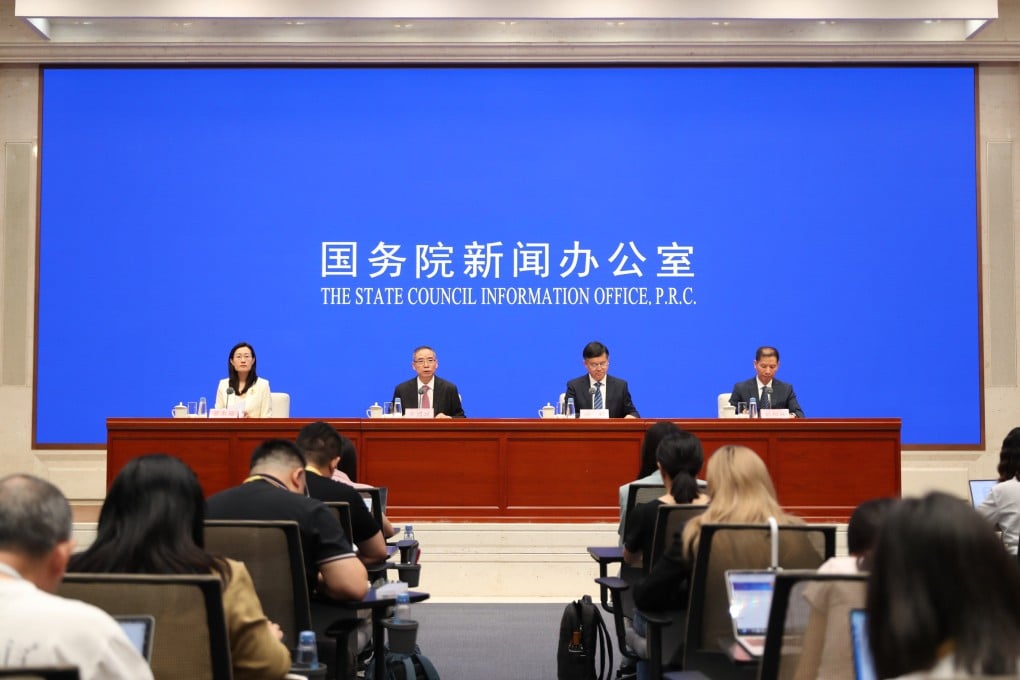 The State Council Information Office holds a press conference in Beijing on Wednesday on efforts to achieve the 15th five-year plan and speed up hi-tech industrialisation. Photo: Xinhua