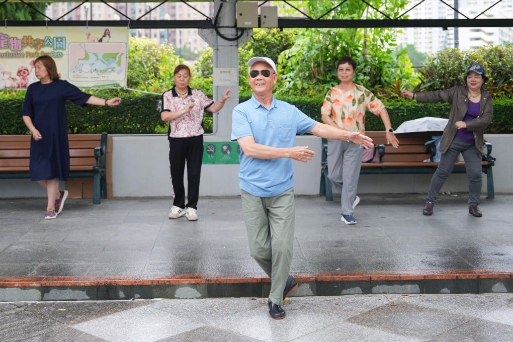 Elderly Hong Kong residents exercise in Sha Tin Park, April 8, 2026. Photo: Sam Tsang
