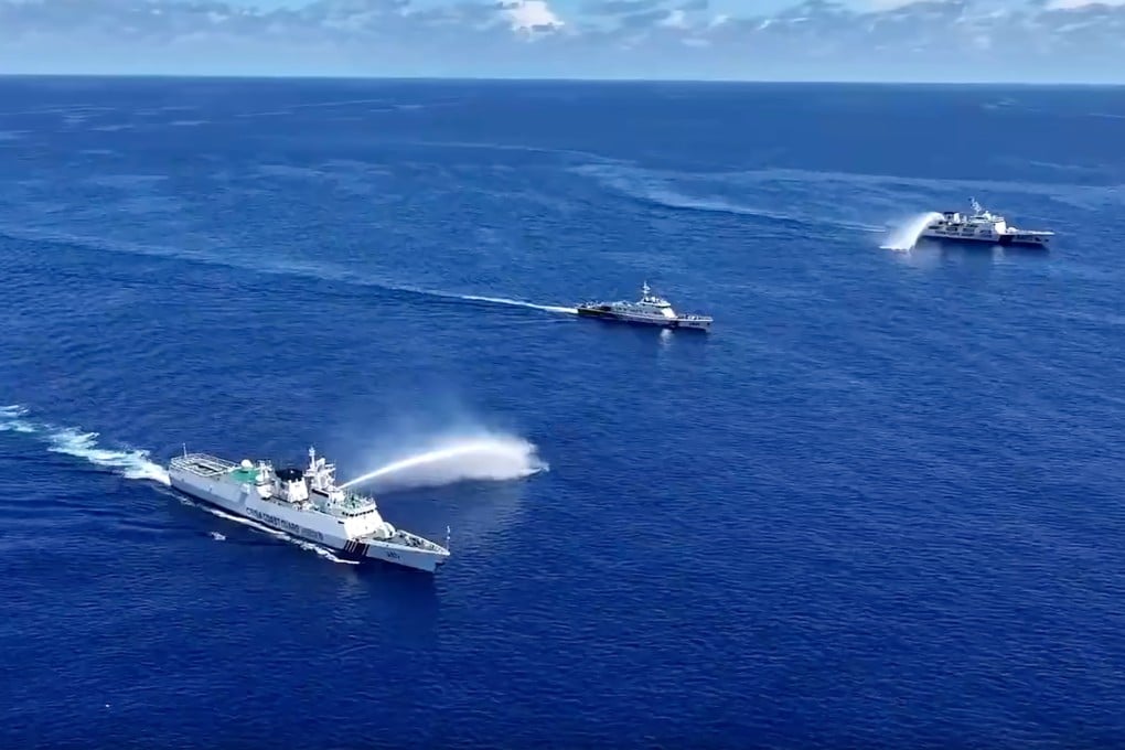 Screenshot from a China Coast Guard social media post showing the Chinese military holding joint naval and air drills in the South China Sea. Photo: The Paper