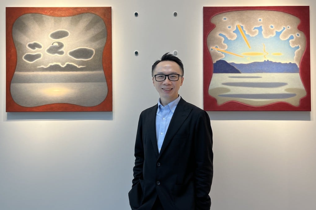 Dr Brian Ip at his Kabinett art space in Wong Chuk Hang, Hong Kong. The artworks are (from left) “Soleil Cache” (2020) and “Nuages Oranges et Gris” (2022) by Caroline Bachmann. Photo: Enid Tsui