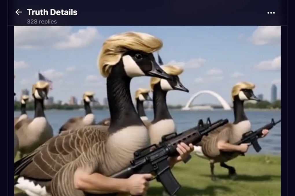 US President Donald Trump posted an AI-generated clip on social media on Saturday showing gun-toting Canada geese sporting his signature hairdo marching at “Lake America”, in reference to his order to rename Lake Ontario amid a trade dispute between the US and Canada. Image: Truth Social/realDonaldTrump