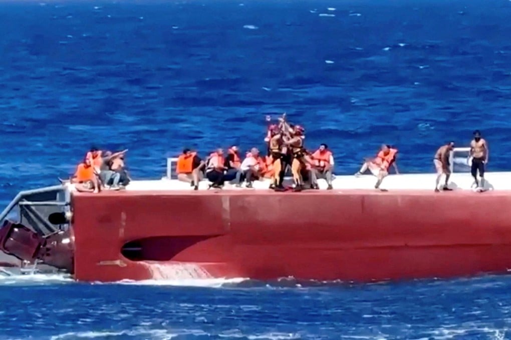 A passenger being rescued off the ferry that capsized off the coast of Northern Cyprus. Photo: Reuters TV