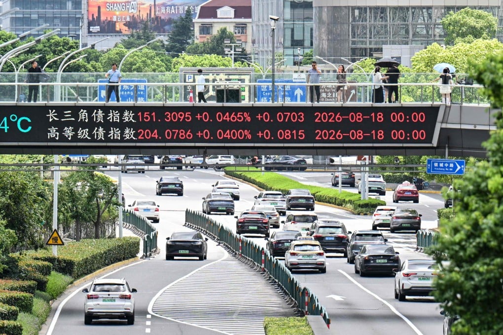 Financial market movements are shown on a footbridge screen in Shanghai. Photo: AFP
