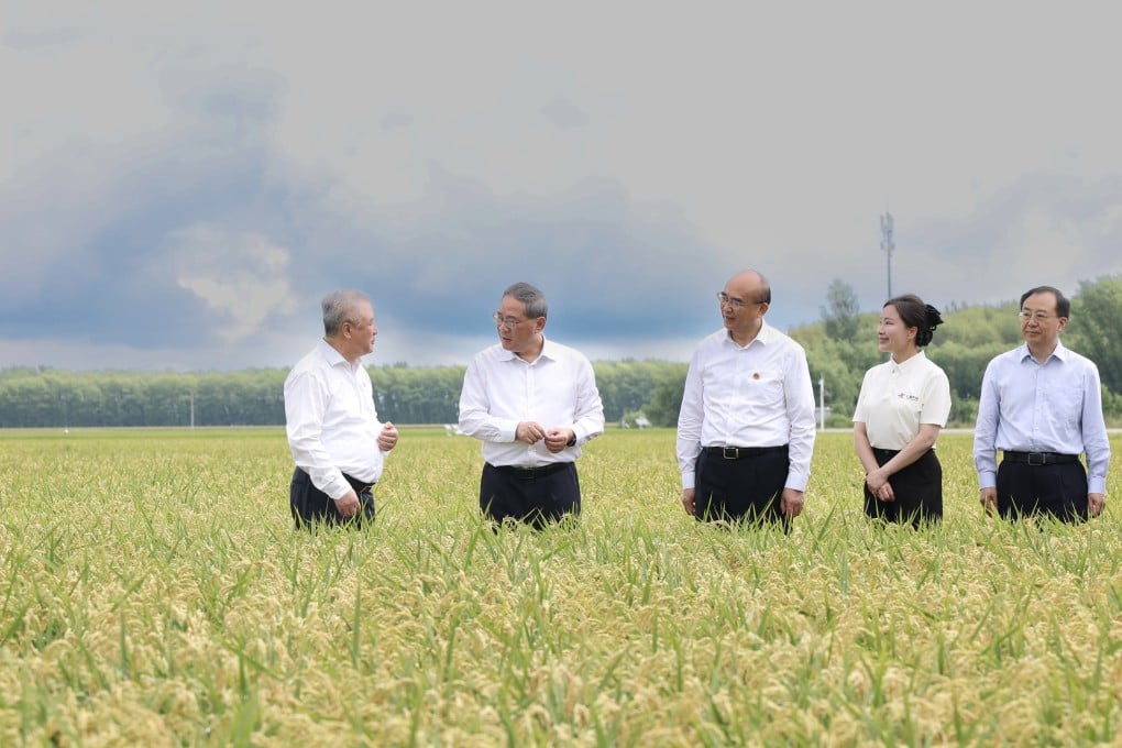 Premier Li Qiang (second from left) inspects a rice farm in Jiamusi, Heilongjiang province, on August 25. Photo: Xinhua