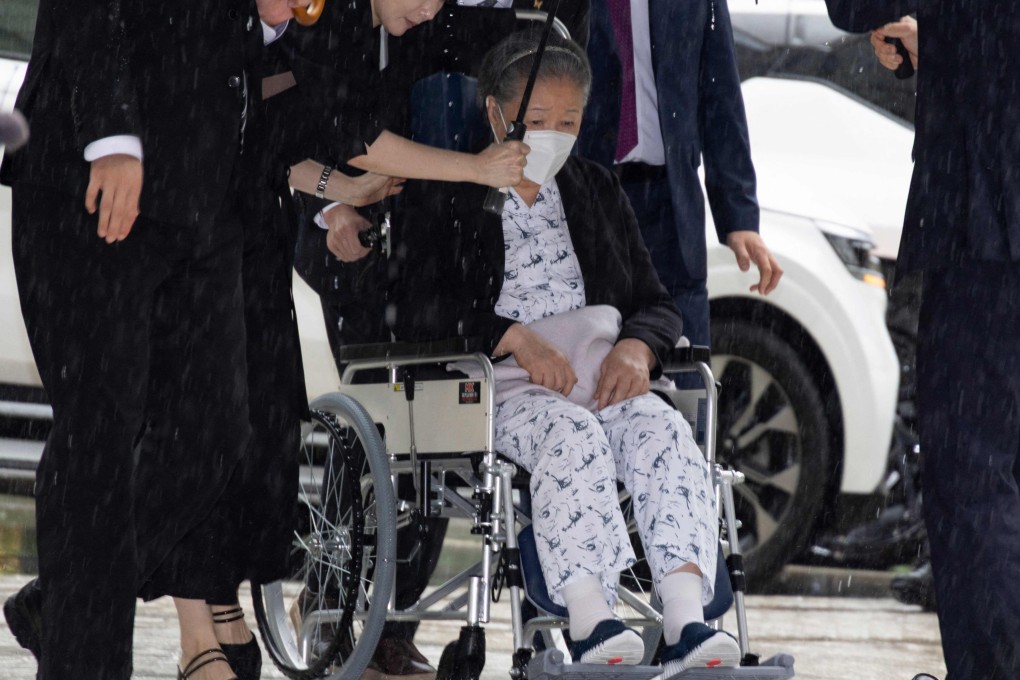 Unification Church leader Han Hak-ja arrived for the sentencing hearing at the Seoul Central District Court on Monday. Photo: AFP