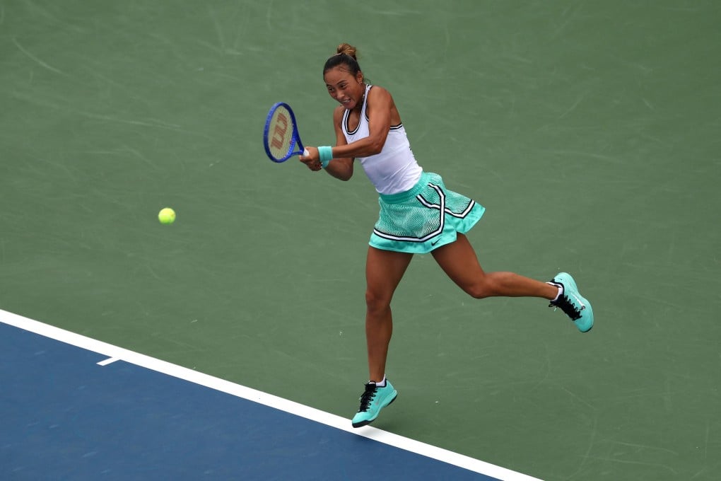 Zheng Qinwen hits a return against Kristina Liutova during their women’s singles first round match at the US Open. Photo: Getty Images