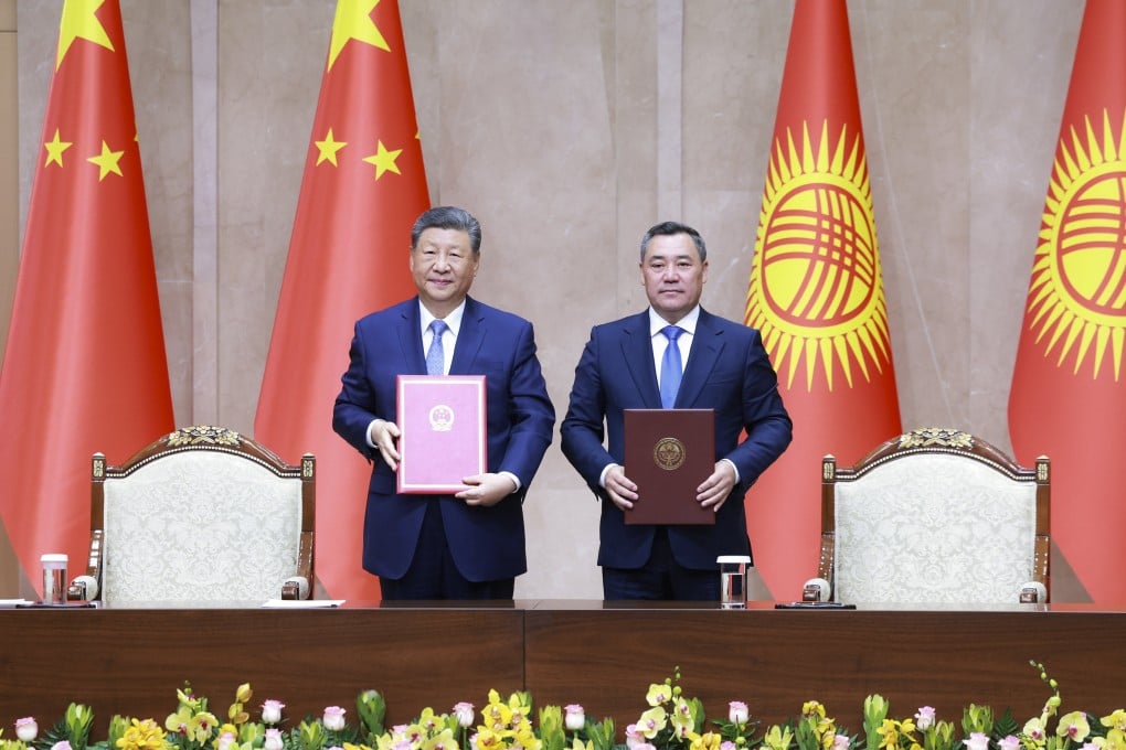 President Xi Jinping and Kyrgyz counterpart Sadyr Japarov sign a joint declaration on the development of the China-Kyrgyzstan partnership on Monday. Photo: Xinhua