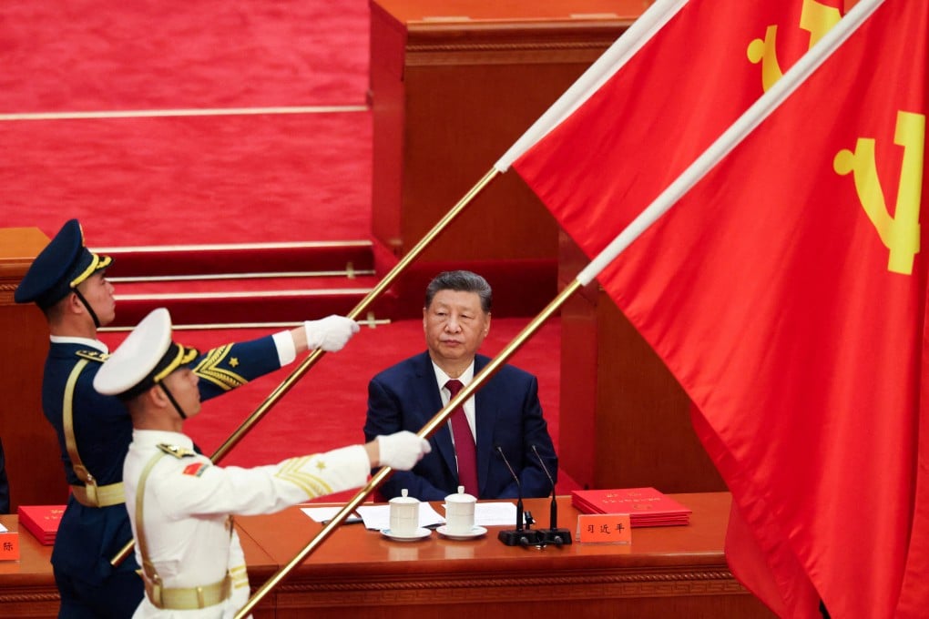 Chinese President Xi Jinping looks on as People’s Liberation Army honour guard hold party flags during a ceremony marking the 105th anniversary of the founding of the Communist Party of China at the Great Hall of the People in Beijing on July 1. Photo: Reuters