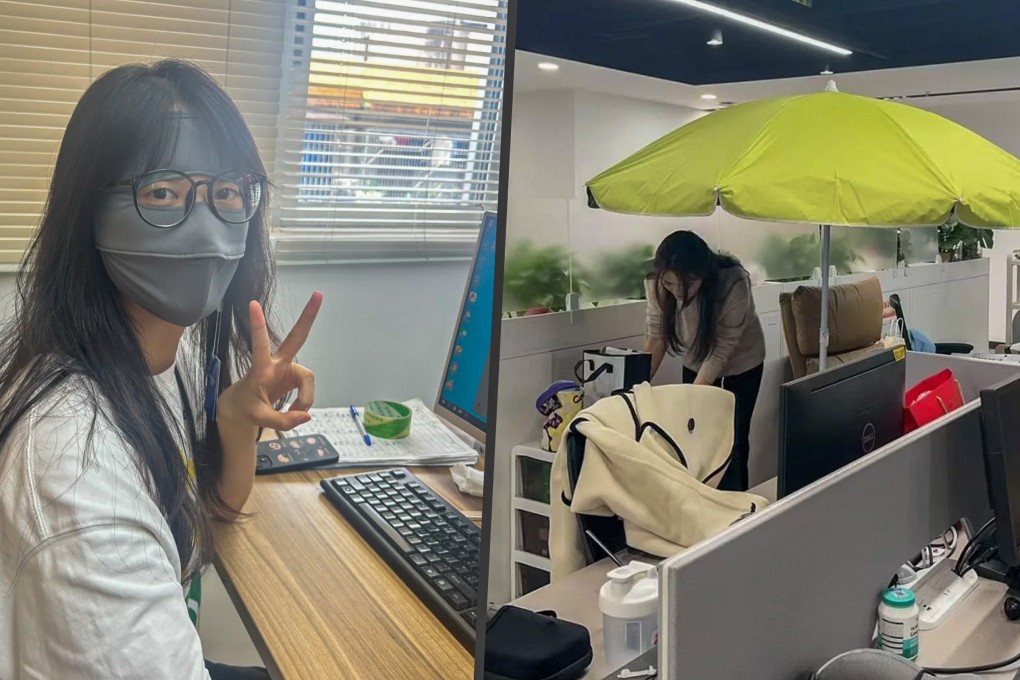 A growing number of Chinese office workers are turning to parasols and  full-face masks indoors to combat “office ageing,” attributing skin damage and eye strain to harsh lighting and subpar air quality. Photo: SCMP composite/RedNote