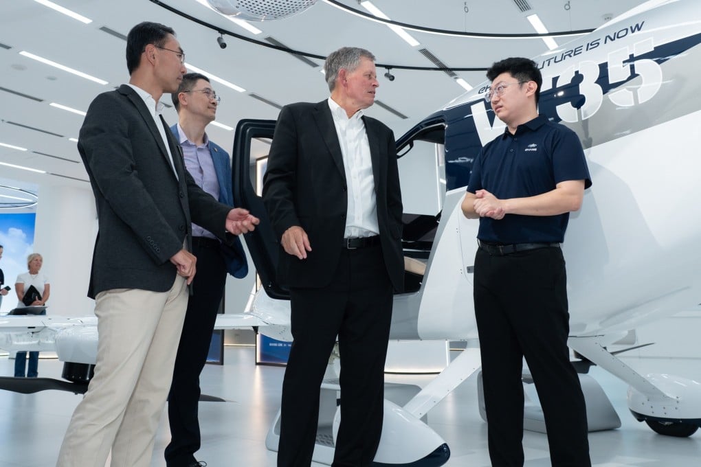 US Senator Steve Daines (centre) leads a group of visitors to the headquarters of EHang, a Chinese manufacturer of autonomous electric vertical take-off and landing aircraft, in Guangzhou on Saturday. Photo: Handout