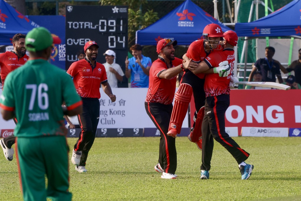 Hong Kong players celebrate after beating Bangladesh in the plate final at last year’s Sixes. Photo: Jonathan Wong