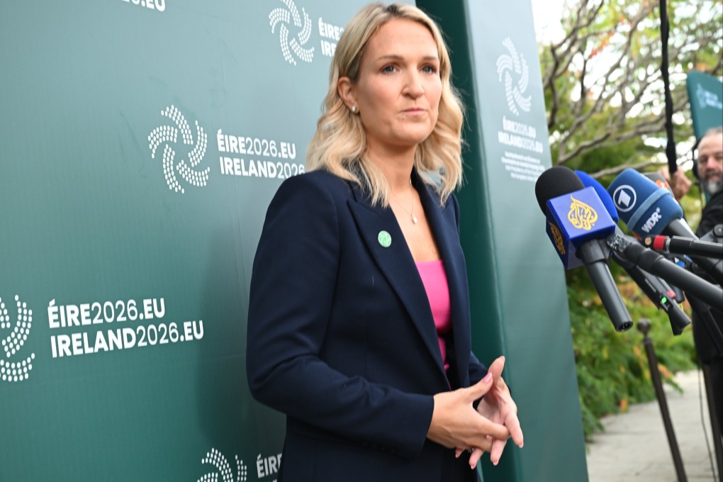 Irish Foreign Minister Helen McEntee speaks to the media ahead of a meeting of EU defence ministers in County Wicklow, Ireland, on Tuesday. Photo: EPA