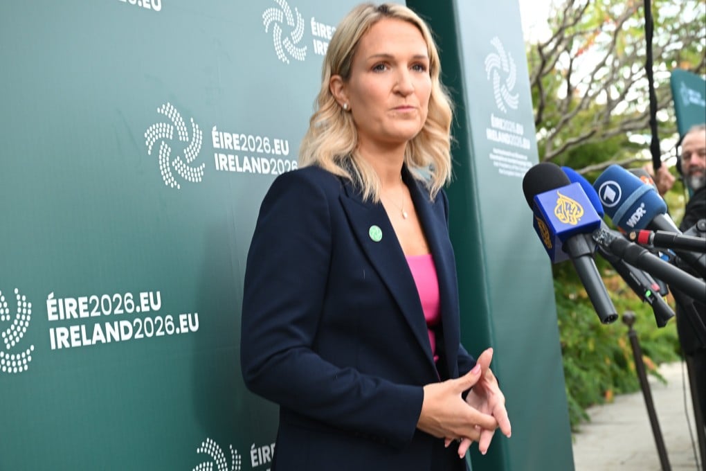 Irish Foreign Minister Helen McEntee speaks to the media ahead of a meeting of EU defence ministers in County Wicklow, Ireland, on Tuesday. Photo: EPA