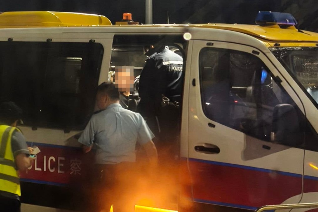 Officers place the suspect in a police after apprehending him on a HK Express flight. Photo: Handout
