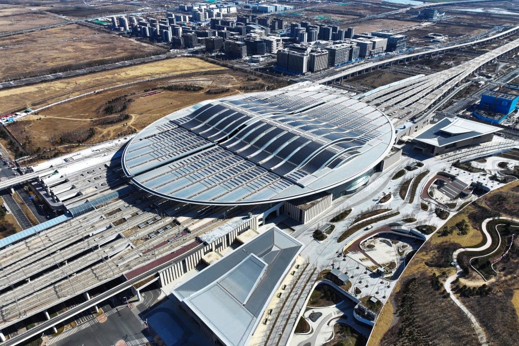 This aerial drone photo, taken in March, shows a railway station in China’s Xiongan New Area. Photo: Xinhua