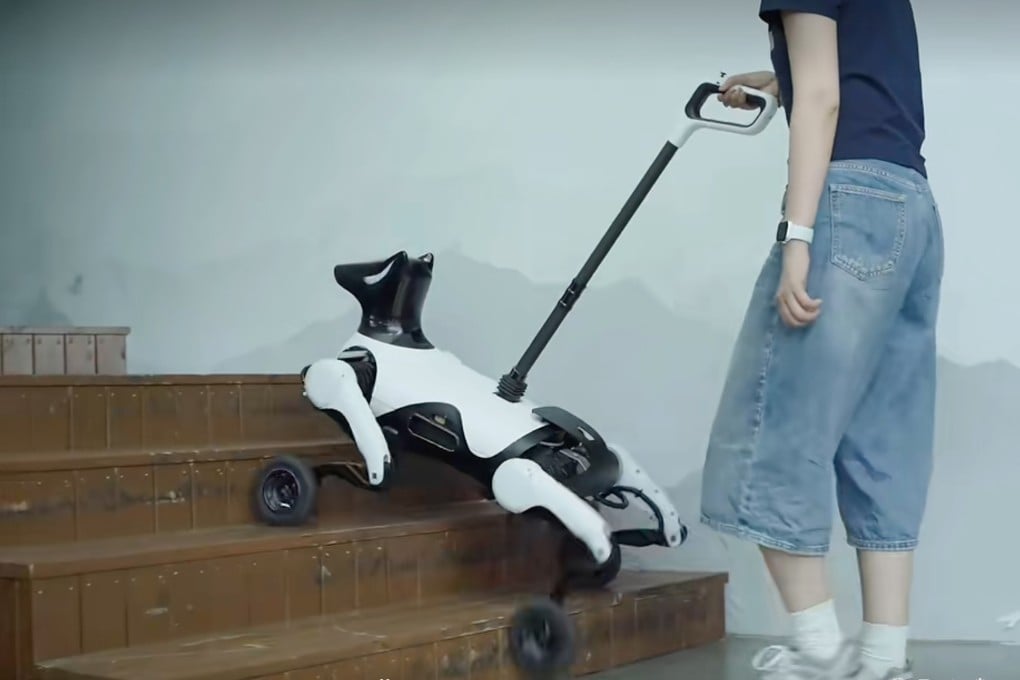 Hangzhou-based Zhiyuan Research Institute’s robot guide dog has wheels for smooth movement on flat ground and legs for climbing stairs. Photo: Handout