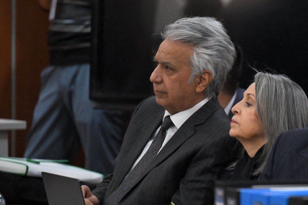 Former Ecuadorian president Lenin Moreno appears with his wife, Rocio Gonzalez, at the National Court of Justice in Quito in May. Photo: AFP
