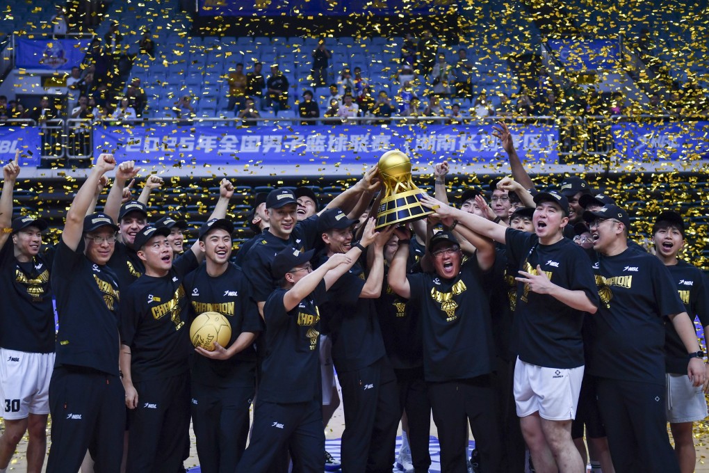 Hong Kong Bulls celebrate winning their final match against Changsha in the 2025 National Basketball League. Photo: Xinhua