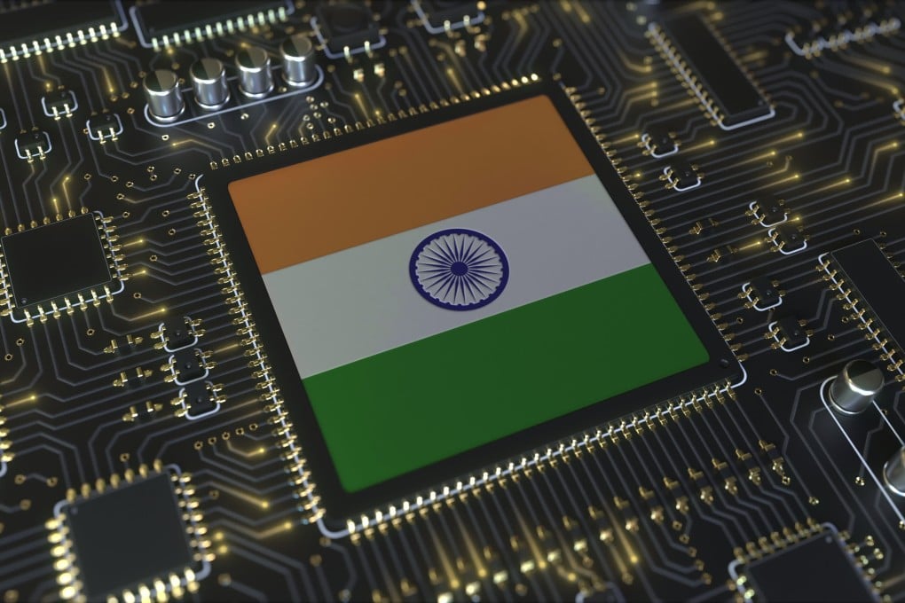 An Indian flag is juxtaposed on an
operating chipset. New Delhi has launched the second phase of its mission with a budget of US$13 billion to build an industrial ecosystem spanning chip design to manufacturing. Photo: Shutterstock