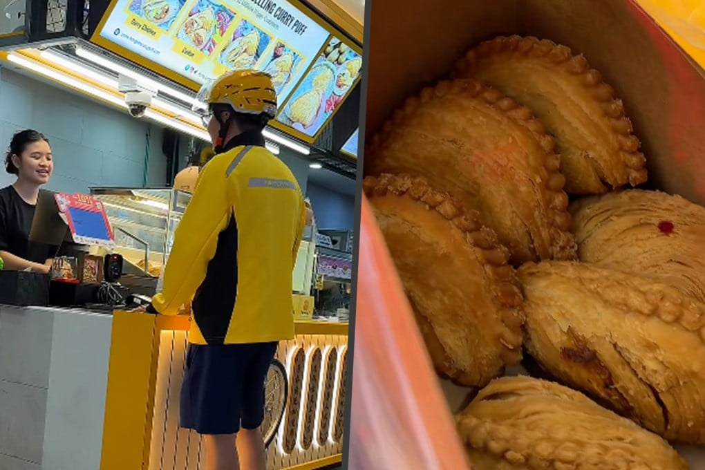 A cross-border snack run is turning heads online after a Chinese food delivery rider travelled to Singapore to fulfil a customer’s curry puff craving. Photo: SCMP composite/RedNote