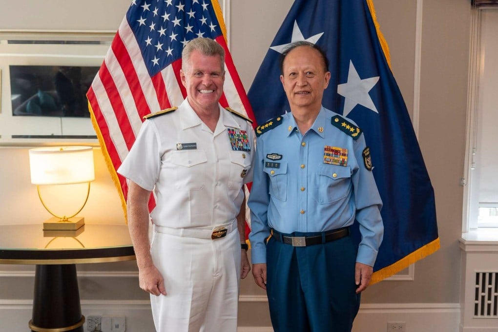Admiral Samuel Paparo (left) and General Yang Zhibin meet on the sidelines of the Indo-Pacific Chiefs of Defence Conference in Victoria, Canada on Monday. Photo: Handout
