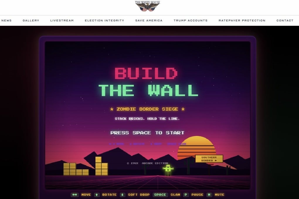 A screenshot shows the new “Build the Wall” game featured on the White House website. Image: whitehouse.gov
