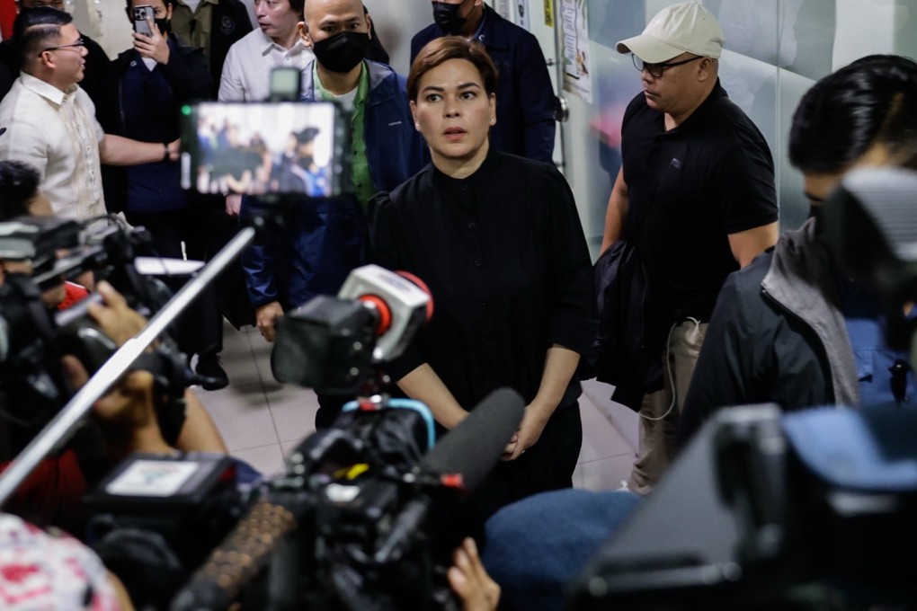 Philippine Vice-President Sara Duterte-Carpio (centre) at the Hall of Justice in Quezon City, Metro Manila on Saturday. Duterte arrived to post bail after a Quezon City court issued an arrest warrant on Friday. Photo: EPA