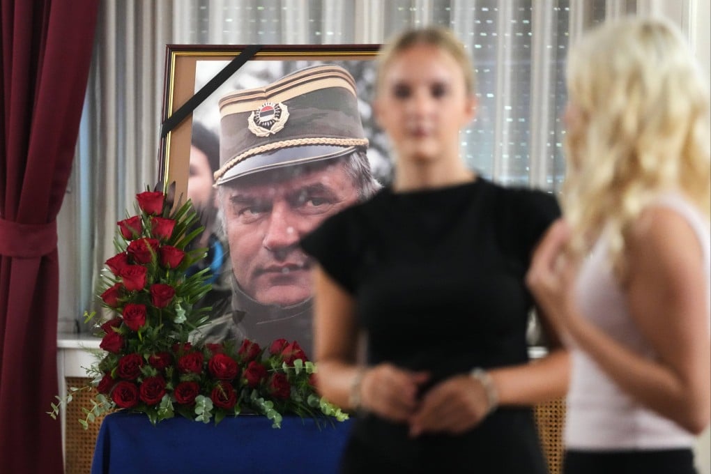 A photo of Ratko Mladic is displayed during a commemoration ceremony in Belgrade, Serbia on Saturday. Photo: Darko Vojinovic / AP