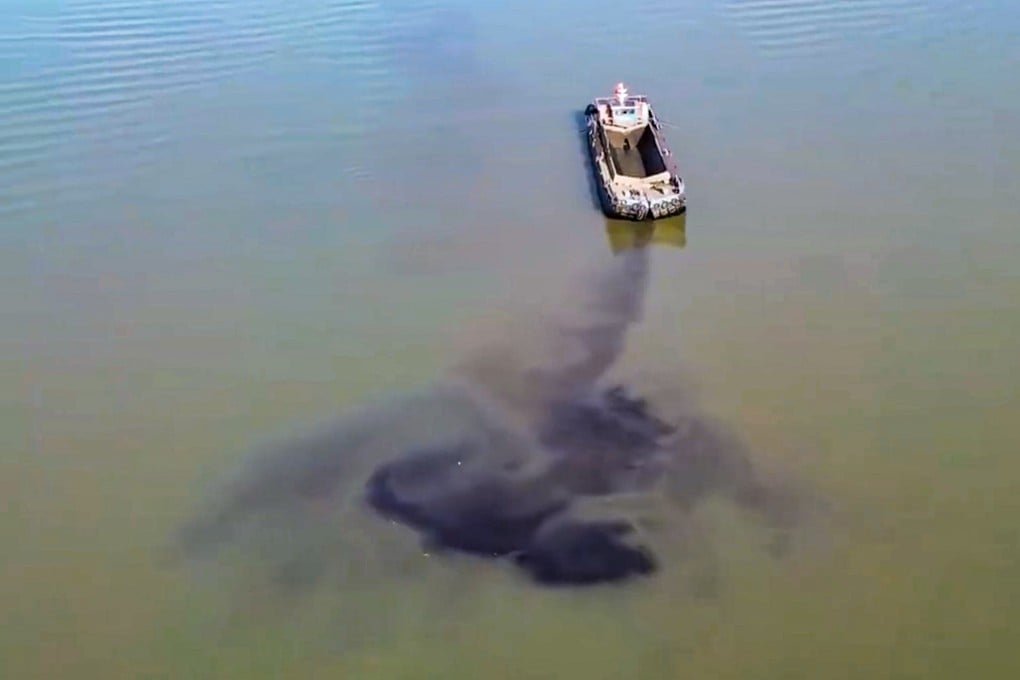 Drone footage posted online on Sunday showed barges discharging an unknown black substance into the river near Tianxingzhou, an islet in the Wuhan section of the Yangtze. Photo: Handout