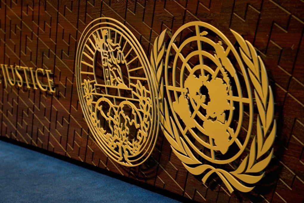The logo of the International Court of Justice displayed on the judges’ bench, in The Hague, Netherlands, in May. Photo: AP