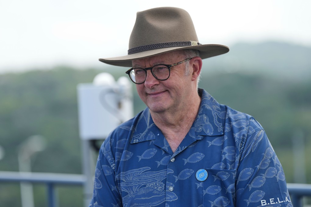 Australian Prime Minister Anthony Albanese speaks to reporters during the Pacific Islands Forum in Koror, Palau, on Thursday. Photo: AP