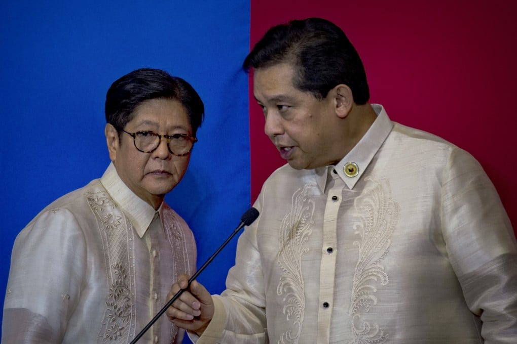 House Speaker Martin Romualdez (right) speaks as Philippine President Ferdinand Marcos Jnr looks on at the House of Representatives in Quezon City last year. Photo: Getty Images