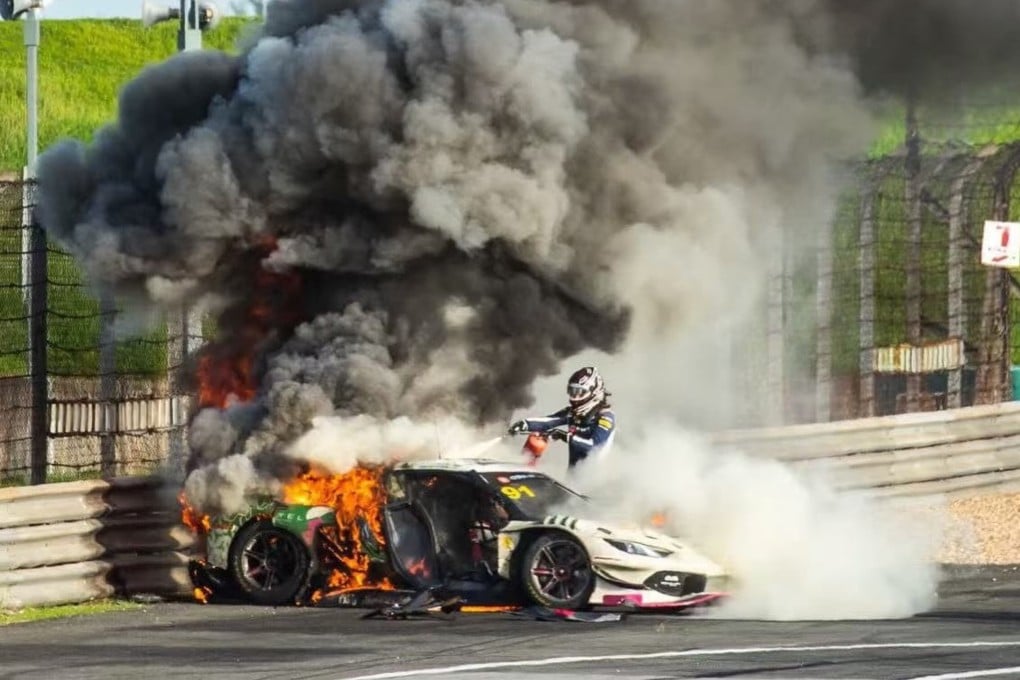 Loek Hartog saves fellow racer Ollie Millroy from a burning car at the China GT. Photo: Instagram/ Ollie Millroy