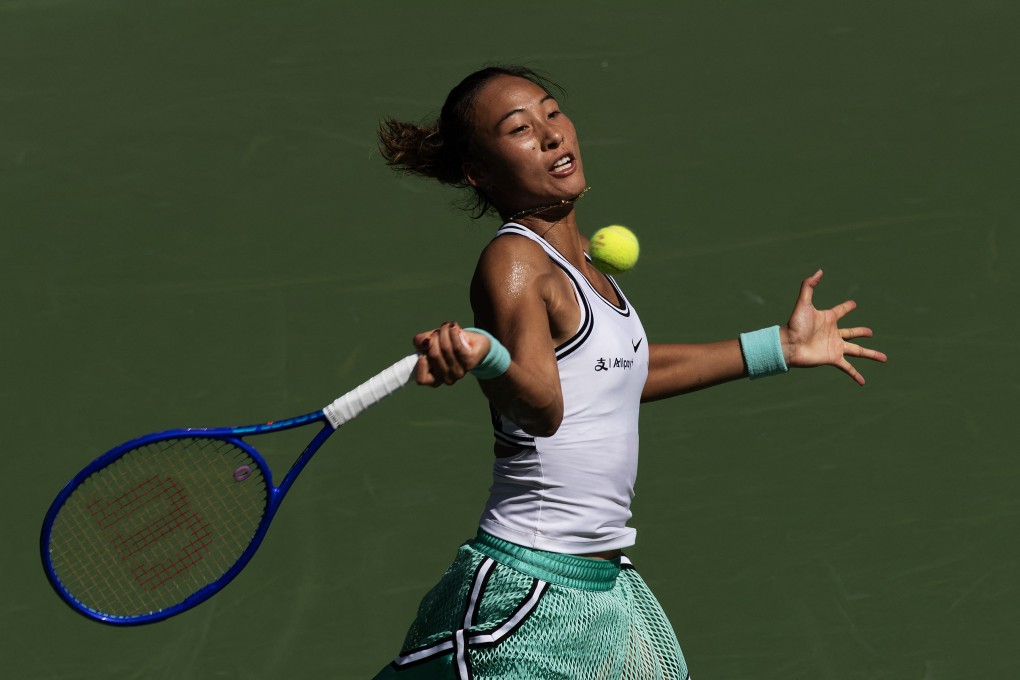 Zheng Qinwen unleashes a forehand during her US Open quarter-final defeat by Elena Rybakina. Photo: AFP