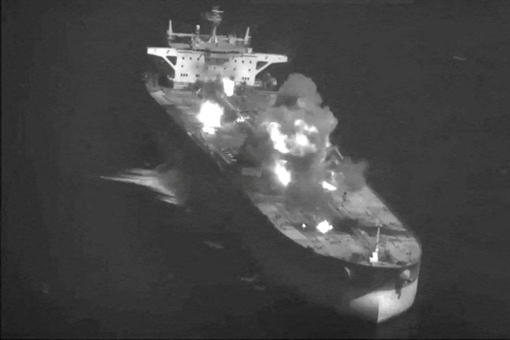 Fire and smoke rise during what US Central Command says are strikes an Iranian oil carrier at an unknown location in a video released on Saturday. Image: US Central Command via Reuters