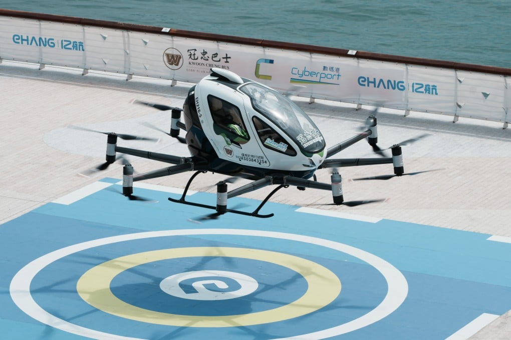 An unmanned eVTOL aircraft lifts off at Cyberport in late August. Photo: Dickson Lee