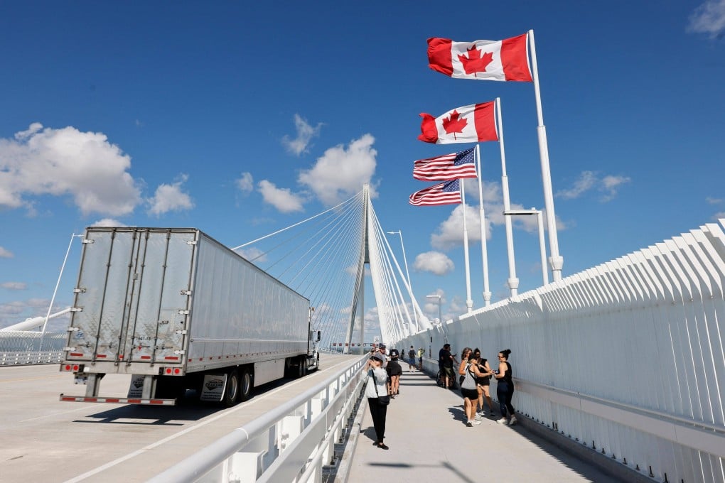 A truck crosses into the United States on the Gordie Howe International Bridge, connecting Windsor, Ontario, and Detroit, Michigan. Canada has announced counter-tariffs on US goods ranging between 15 and 50 per cent, intensifying the trade war between the historically close allies. Photo: AFP