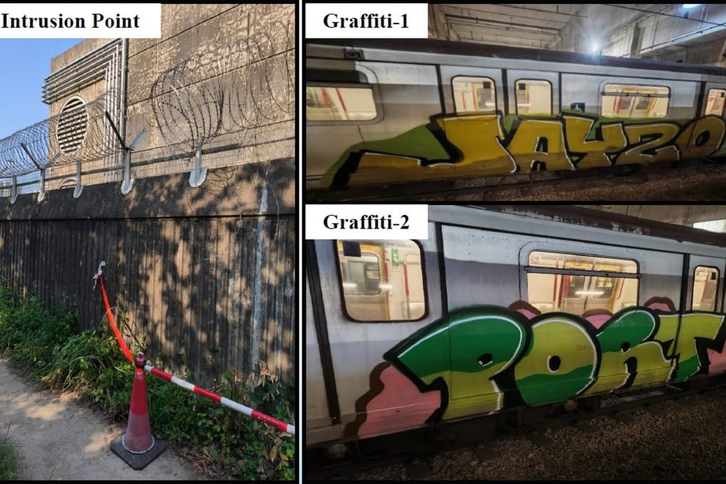 The suspects allegedly broke into an MTR Corporation depot in Chai Wan and spray-painted graffiti on the exterior of two carriages. Photo: Handout