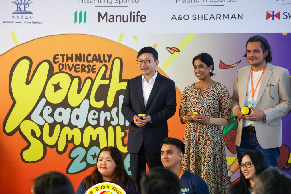 (From left) Labour minister Chris Sun, Keswick Foundation governor Sharmini Chetwode and district councillor Rizwan Ullah at the summit. Photo: Silvia Siu